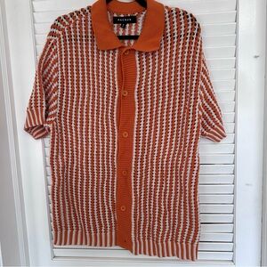 Pacsun Men's Open Knit Miami Club Sweater Camp Shirt Y2K Orange Stripe Sz MED
